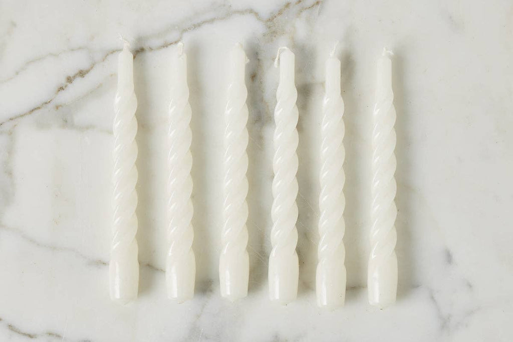 Lacquered Twisted Taper Candles, White, Boxed, Set of 6