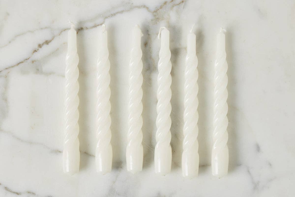 Lacquered Twisted Taper Candles, White, Boxed, Set of 6