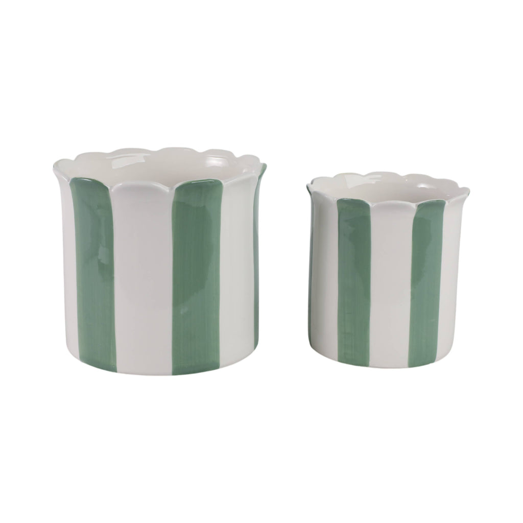 Planters  - Green/White Ceramic Striped, 6 in