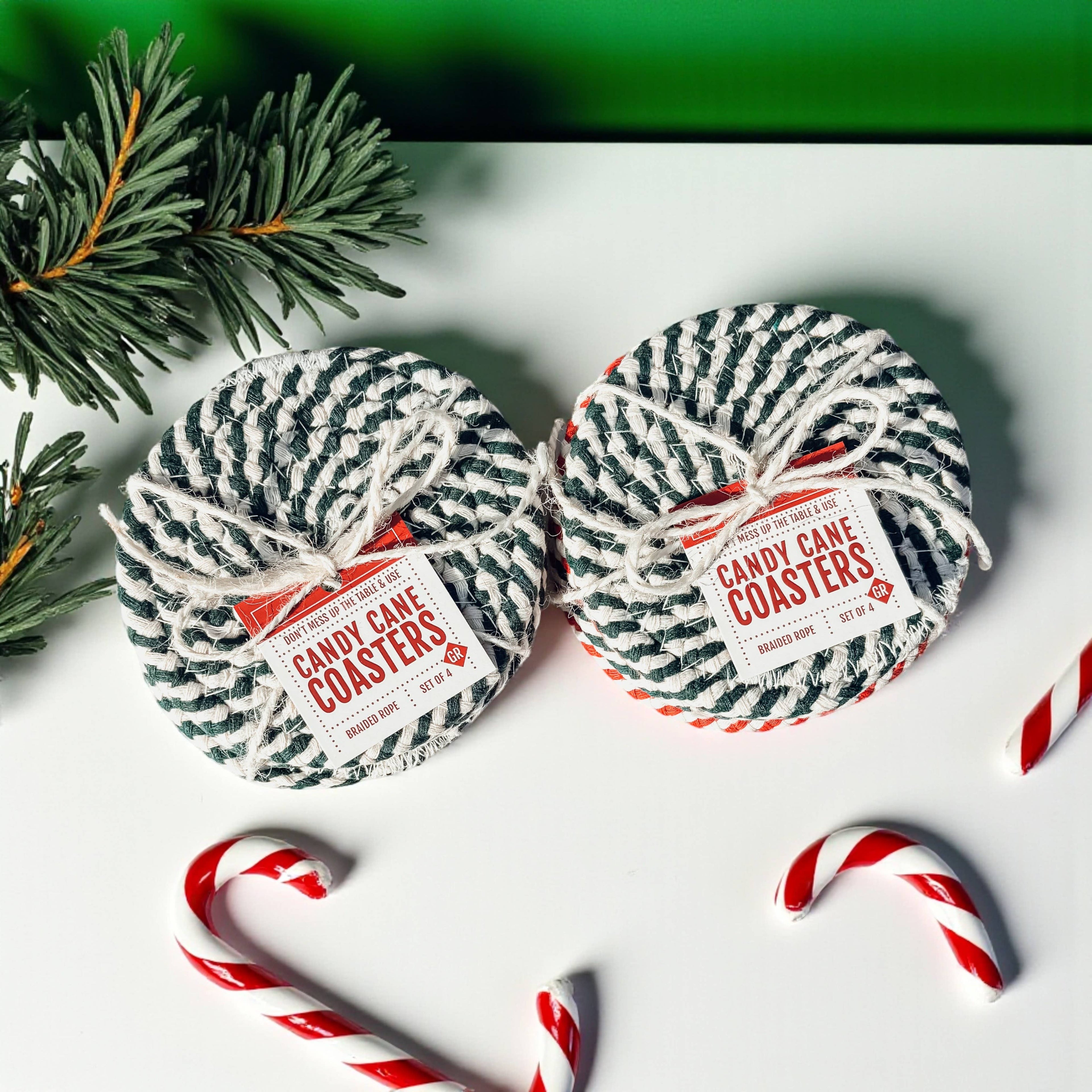 Christmas Coasters, Red Candy Cane Braided Cotton Gift Sets: Green-4pk