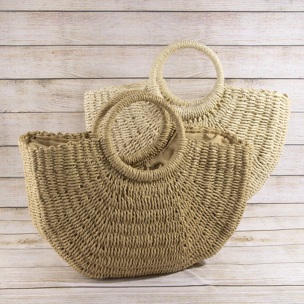 Woven Paper Straw Tote Bag With Ring Handles: TA