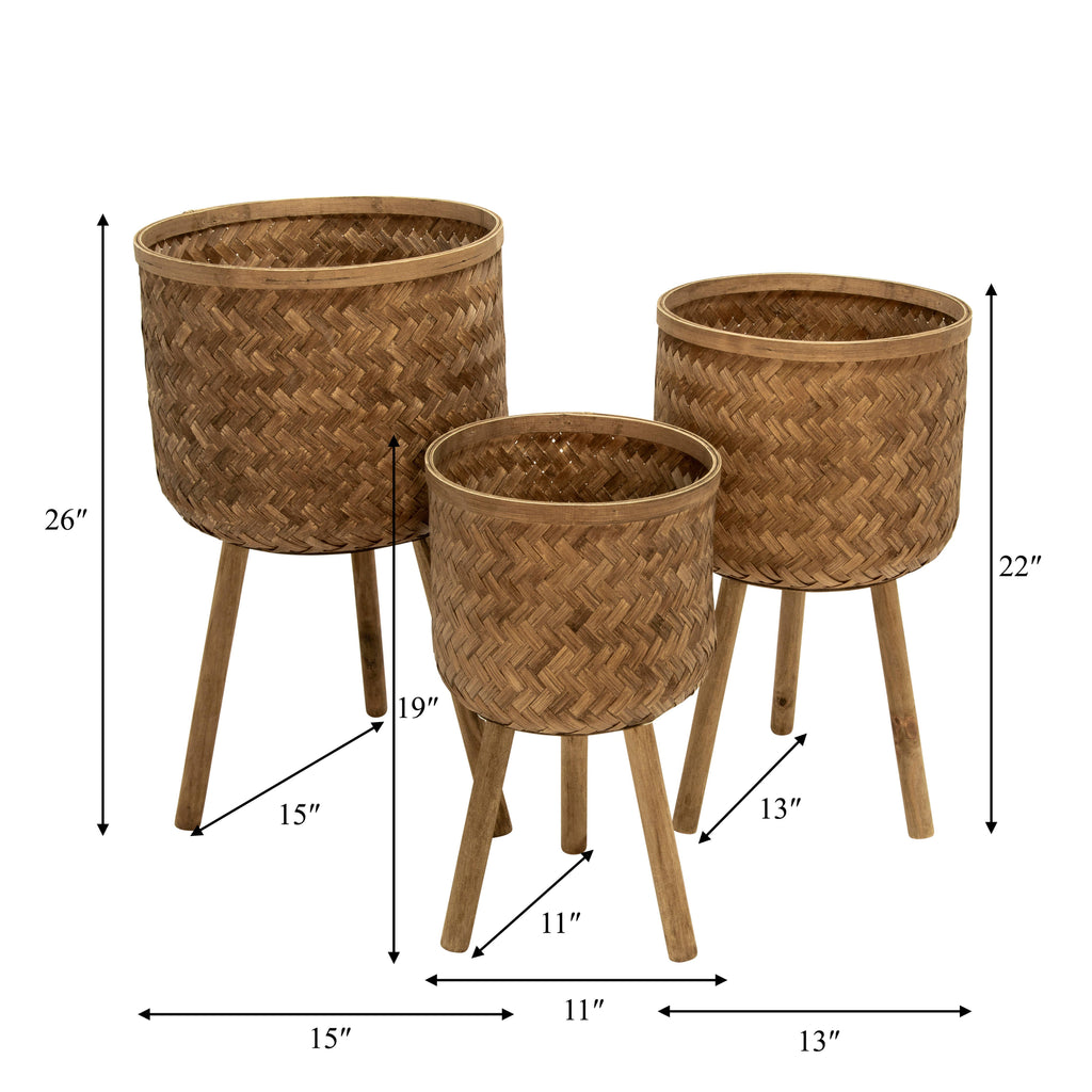 Planter Set of 3 - Brown Bamboo Wood Wicker, 11/13/15 in.