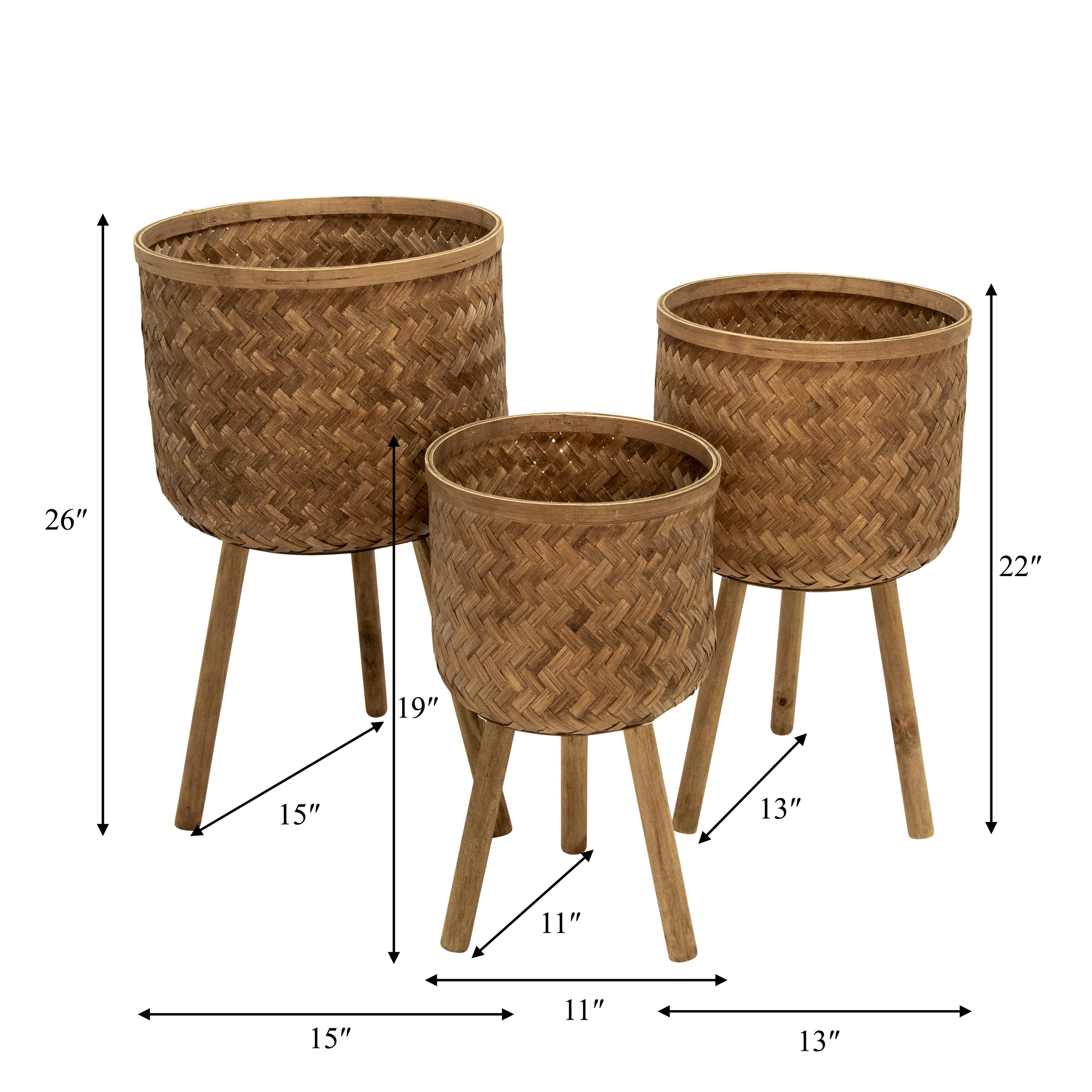 Planter Set of 3 - Brown Bamboo Wood Wicker, 11/13/15 in.