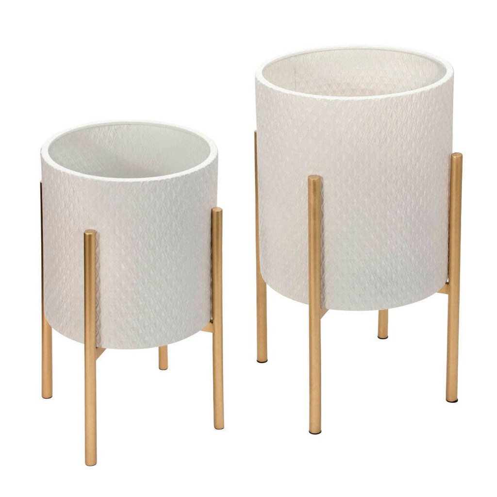 Iron Textured Planters on Stand  White, 11"